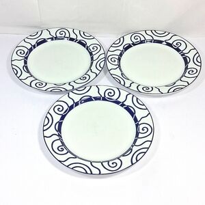 Set of 3 Crate&Barrel Porcelain 8" Salad Plates with Blue Spiral Design